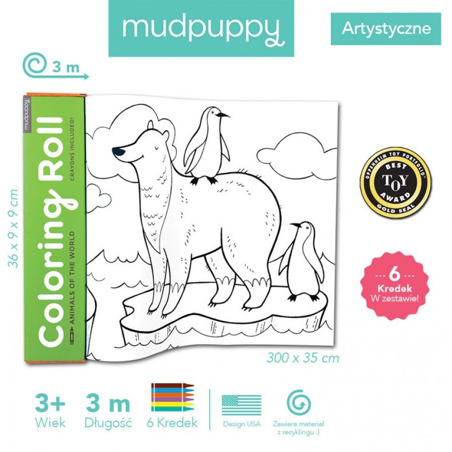 Mudpuppy - Kolorowanka w rolce 3m z 6 kredkami Zwierzęta Świata - Esy Floresy 
