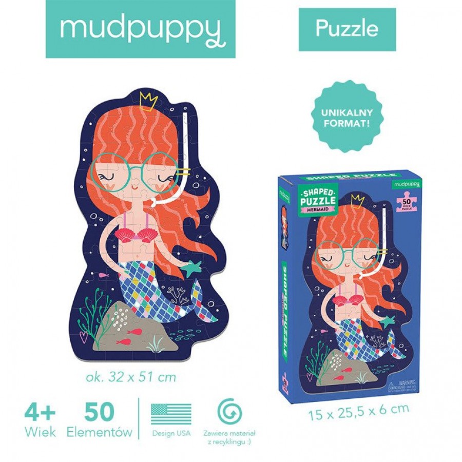 Mudpuppy - Puzzle w kształcie postaci Syrenka 50 elementów 4+ - Esy Floresy 