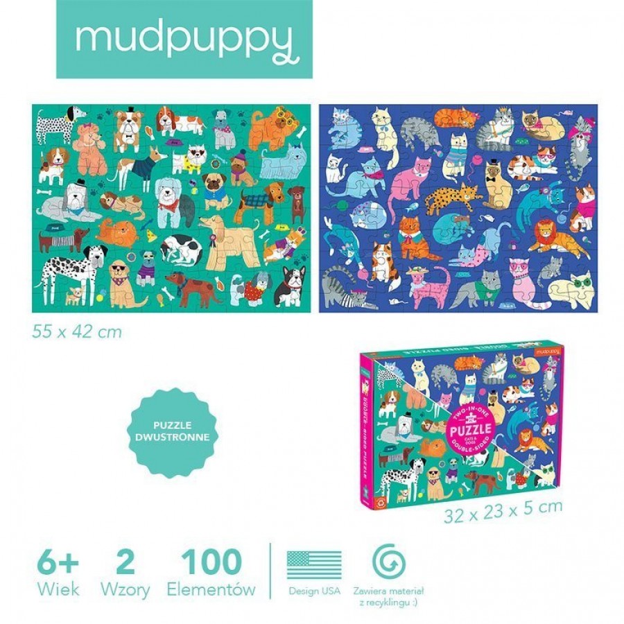 Mudpuppy Puzzle dwustronne Koty i psy 100 elementów 6+ - Esy Floresy 