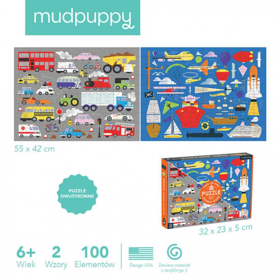 Mudpuppy Puzzle dwustronne 2w1 Środki transportu 100 elementów 6+ - Esy Floresy 