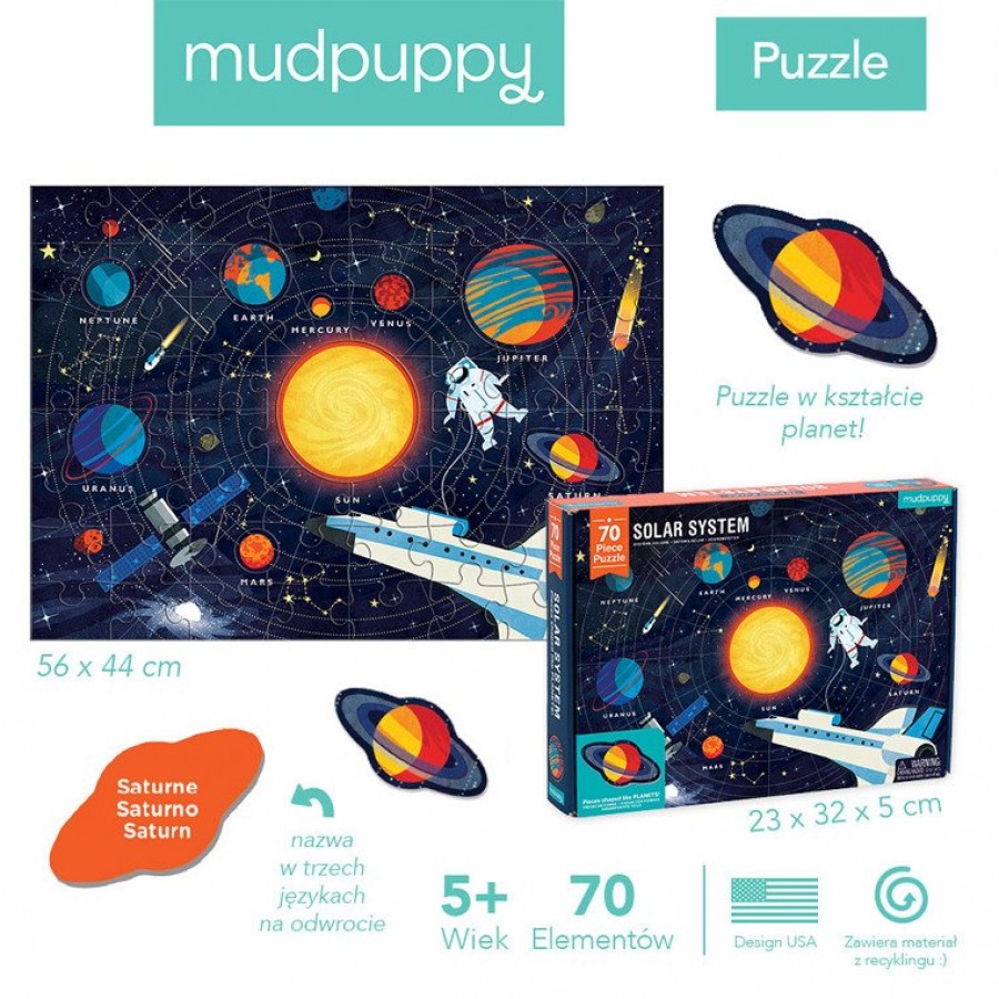 Mudpuppy - Puzzle Układ Słoneczny z elementami w kształcie planet 5+ - Esy Floresy 